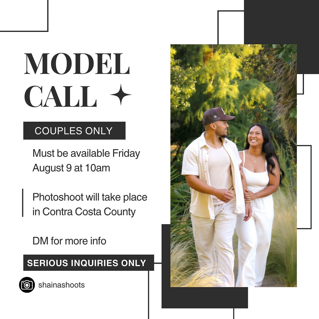 ✨MODEL CALL✨

I am looking for a couple to be my model!

➡️ Must be available Friday August 9 @ 10am
➡️ Photoshoot will take place in Contra Costa County

Serious inquiries only‼️

DM me for more info